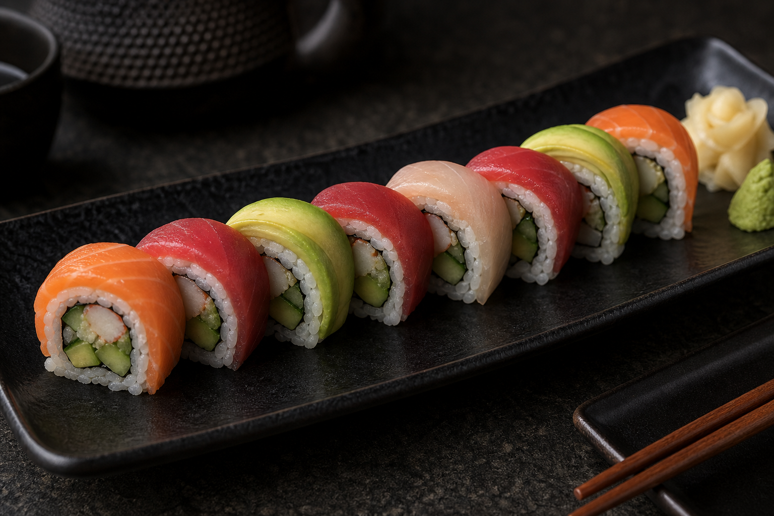 Selección de sake japonés y sushi